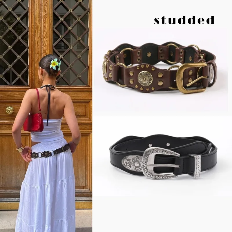 

Western Denim Style Women's Splicing Accessories Alloy Retro Belt Women's Decorative Skirt Overalls Heavy Industry Wide Belt