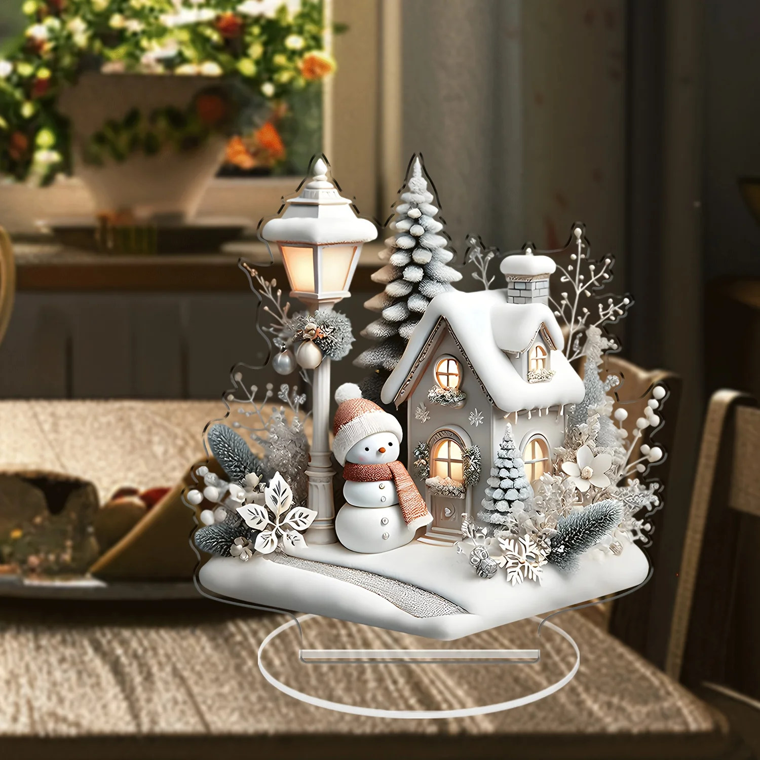 Classic 2D Acrylic Snowmen House Tabletop Decor Multipurpose Snowman Cottage Sign for Office Home Garden Patio Balcony Indoor