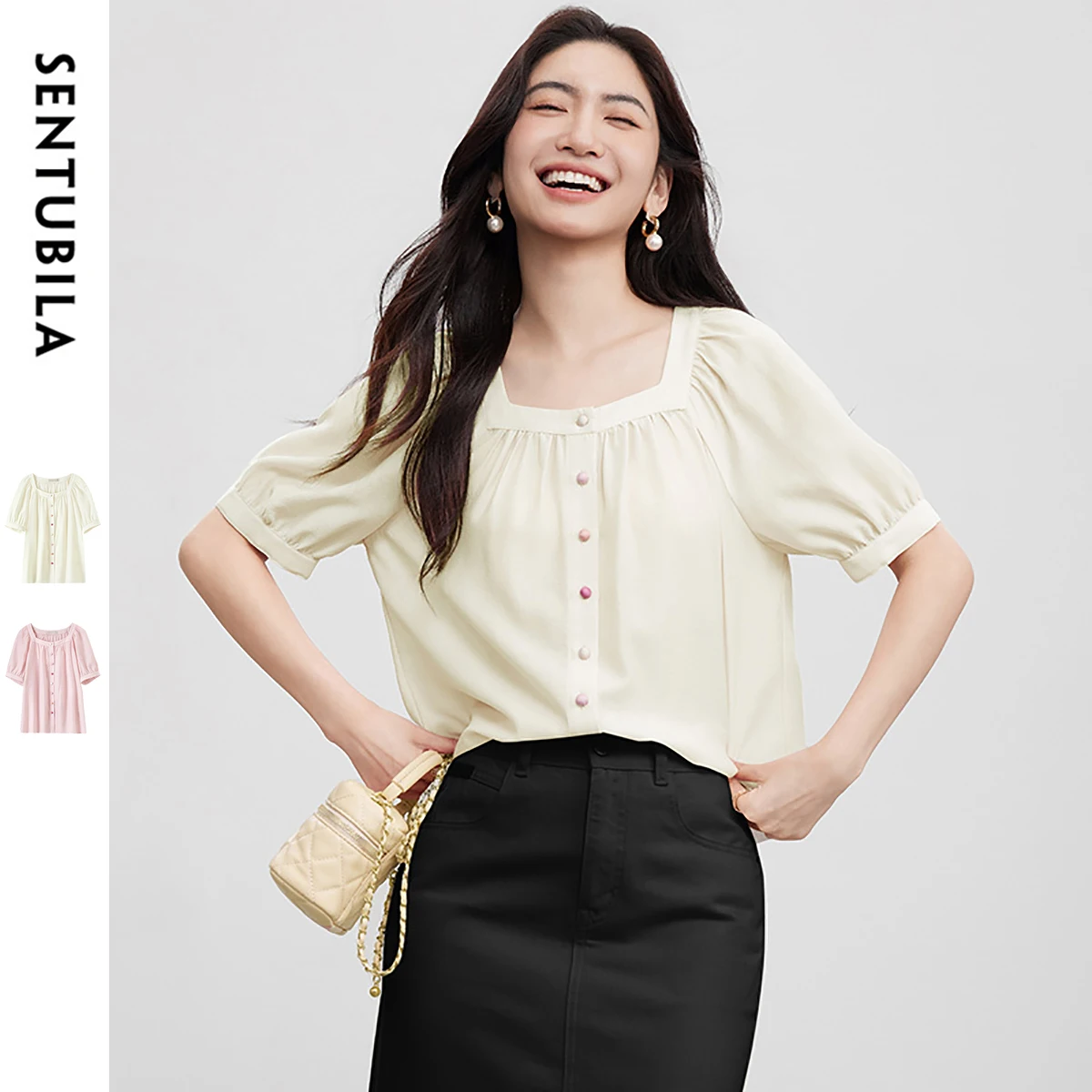 

SENTUBILA Square Collar Chiffon Women Blouse 2025 Single Breasted Elegant Loose Casual Short Sleeve Popular Clothes 152V80014
