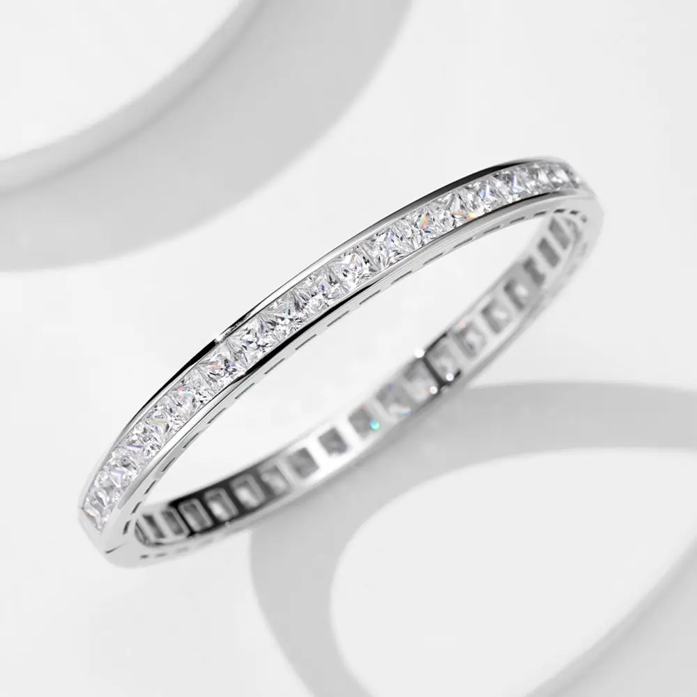 SONGYUN High Carbon Gemstones Jewelry Women's 925 Sterling Silver Princess Cut Thin Bangle Single Row Full Set Stones