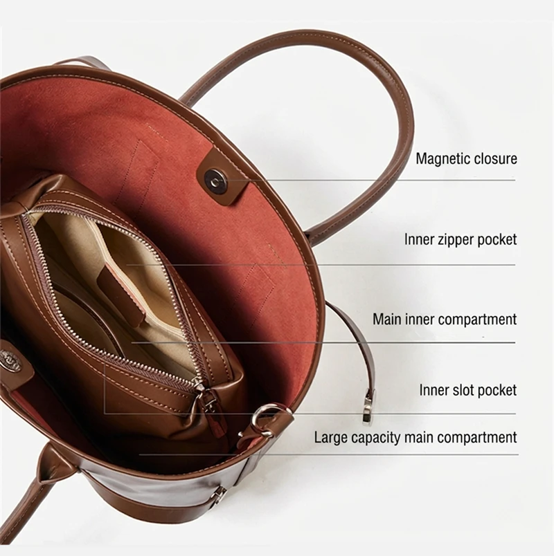 BURMINSA Luxury Genuine Leather Handbags For Women Minimalist Cowhide Shoulder Bag Large Capacity Lady Commuter Office Tote Bags