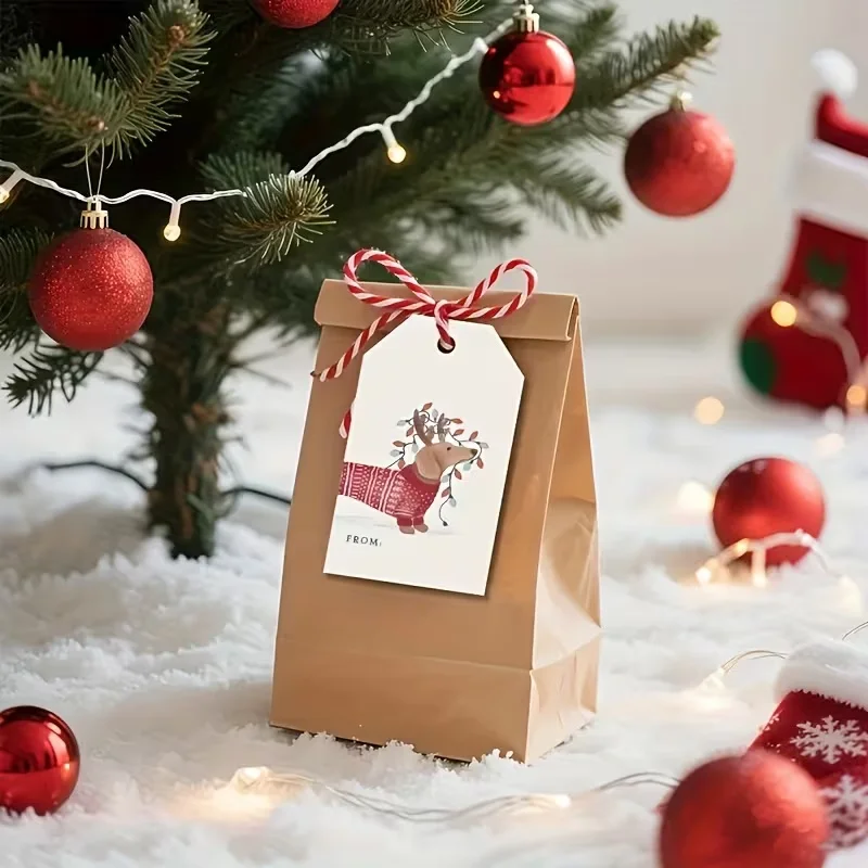 50-Pack Christmas Theme Gift Packaging Labels with Sausage Dog Design Wearing Red Patterned Sweater And Festive Light Vine Top.