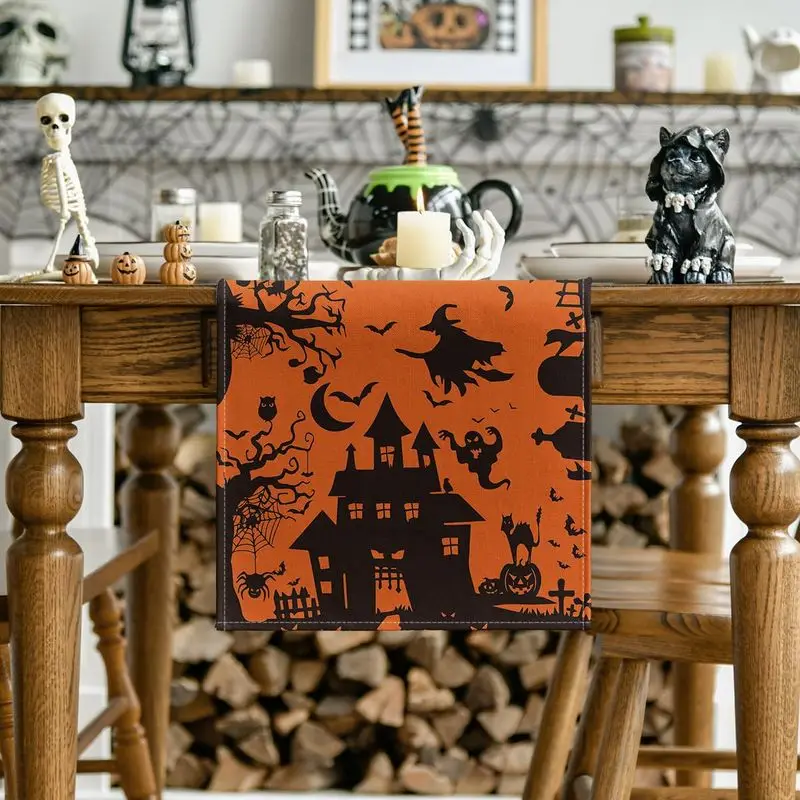VIKAMA Halloween Table Runner Silhouette Haunted House Witch Ghost Bat Pumpkin Table Runner for Dining Table Home Party Decor