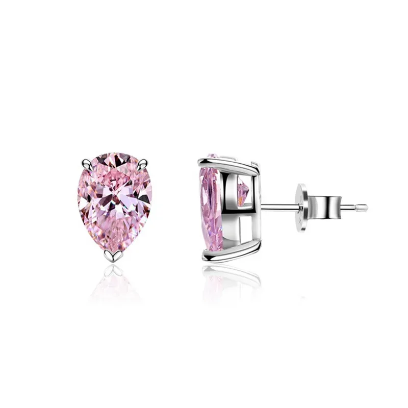 Ables Chic Luxury High Carbon  Studs Classic Pear Cut Pink Stone Solid 925 Silver Prong Set Wedding Earrings E0002