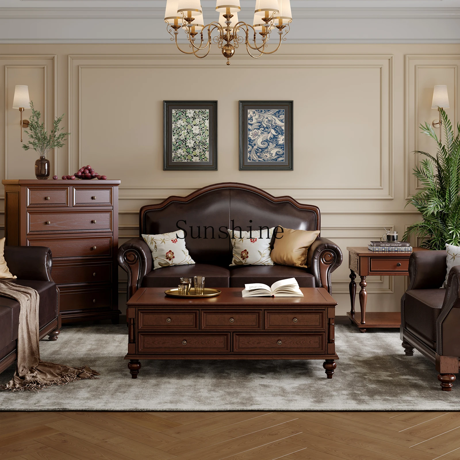 American all-solid wood classic three-person retro leather sofa family villa