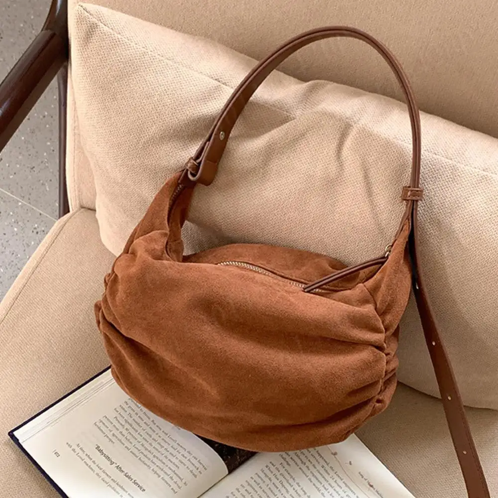 Suede Shoulder Bag for Women Men Ruched Handbag Adjustable Strap Crescent Bag Suede Hobo Bag with Multi-Pockets for Coummuting