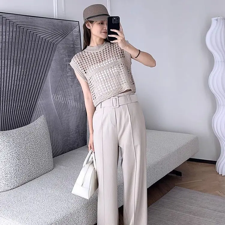 2024 New Summer Design Cut-out Knit Vest Hollow Versatile Loose Pullover Knit Sleeveless Top