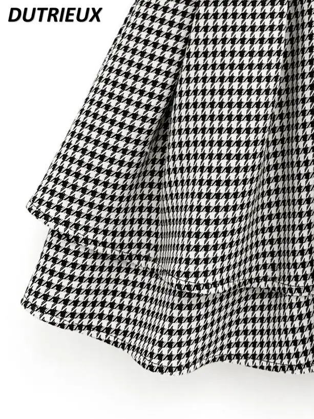 Herbst und Winter Neuer japanischer süßer kurzer Rock mit hoher Taille und Hahnentrittmuster, gefüttert mit Rüschenrand und Reißverschluss, A-Linien-Miniröcke