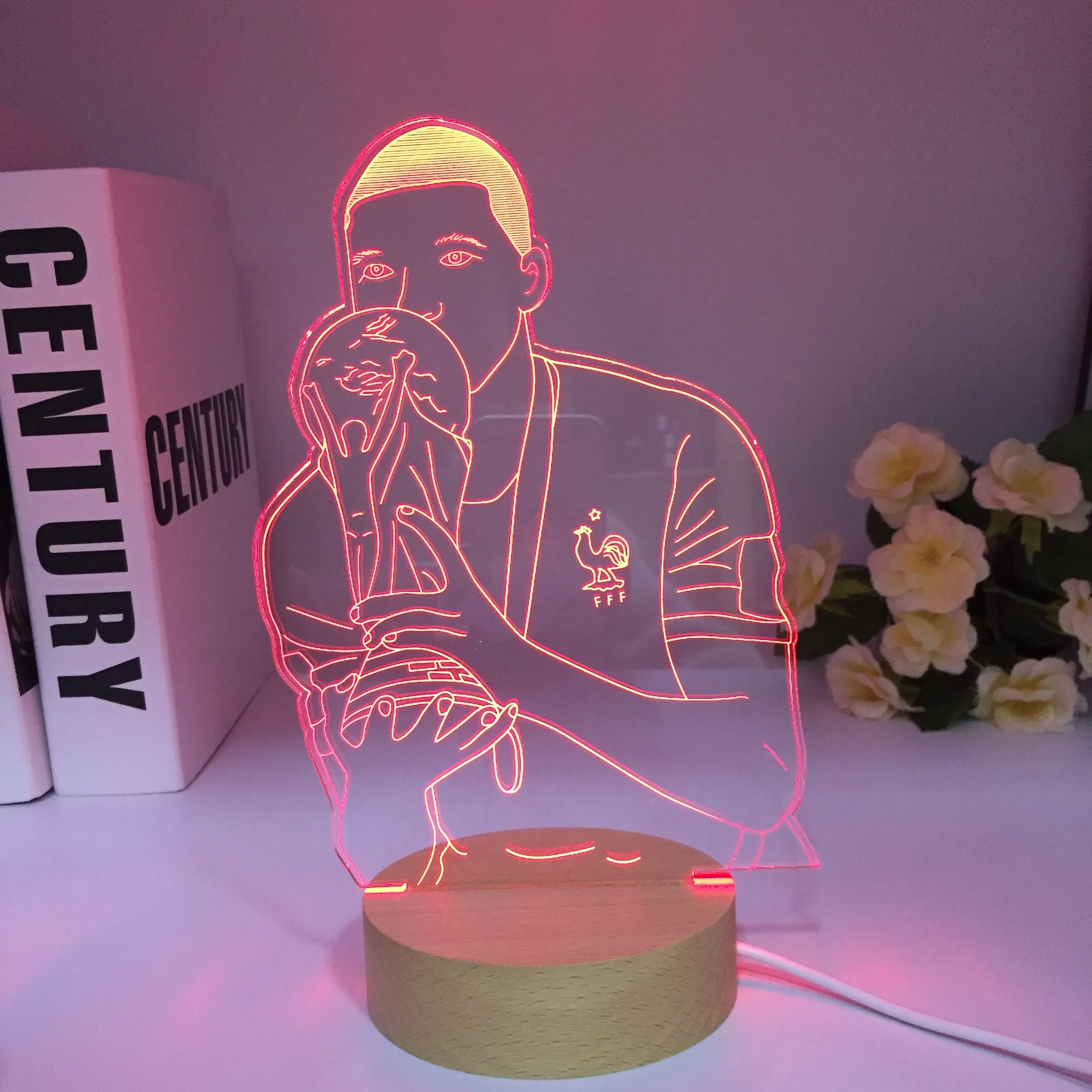 Soccer Football Star Kylian Mbappes Wooden 3D Lamp 7 Colors Bedside Bedroom LED USB Night Light Home Decoracao Kis Wood Gift Toy