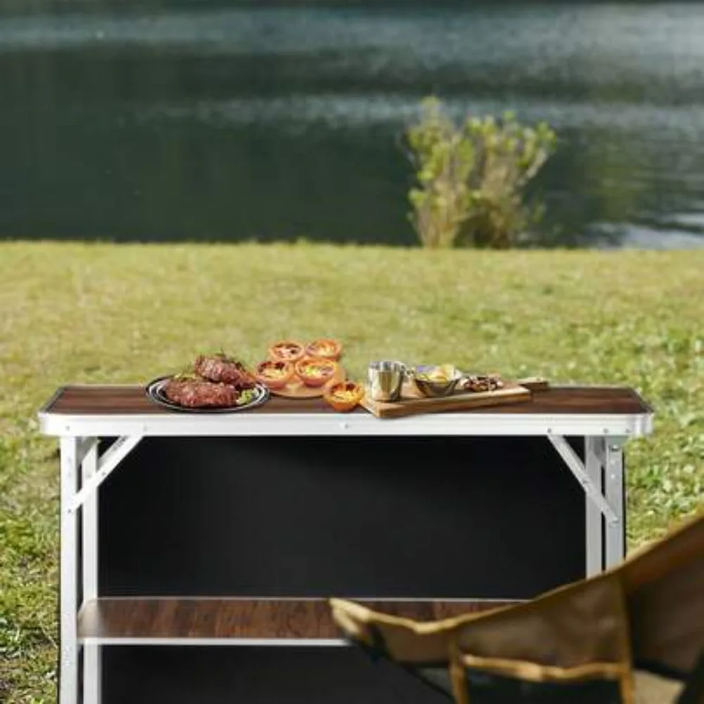 Portable Folding Bar Table with Middle Storage Shelf, Adjustable Height Aluminum Frame, MDF Counter Top, Removable Black Skirt, for Parties Weddings Buffets Cocktail Events Trade Shows Catering Indoor Outdoor Use, Carry Bag Included, Lightweight Heavy