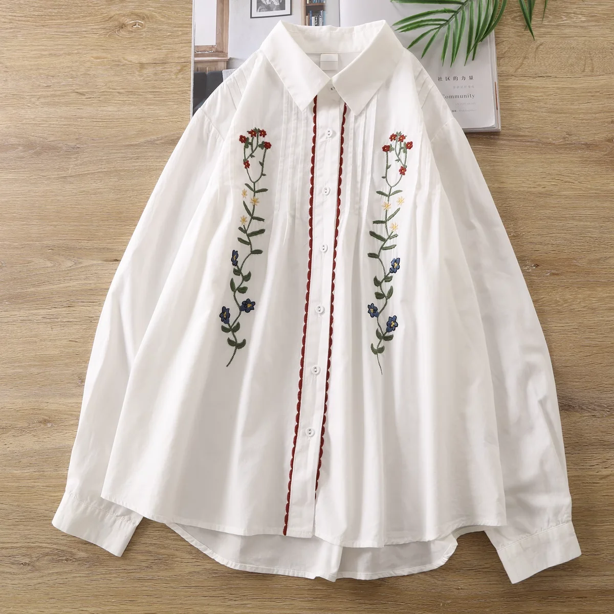 

Trendy woman clothes elegant women's shirts 100% cotton flower embroidery white shirts lady long sleeve blouses