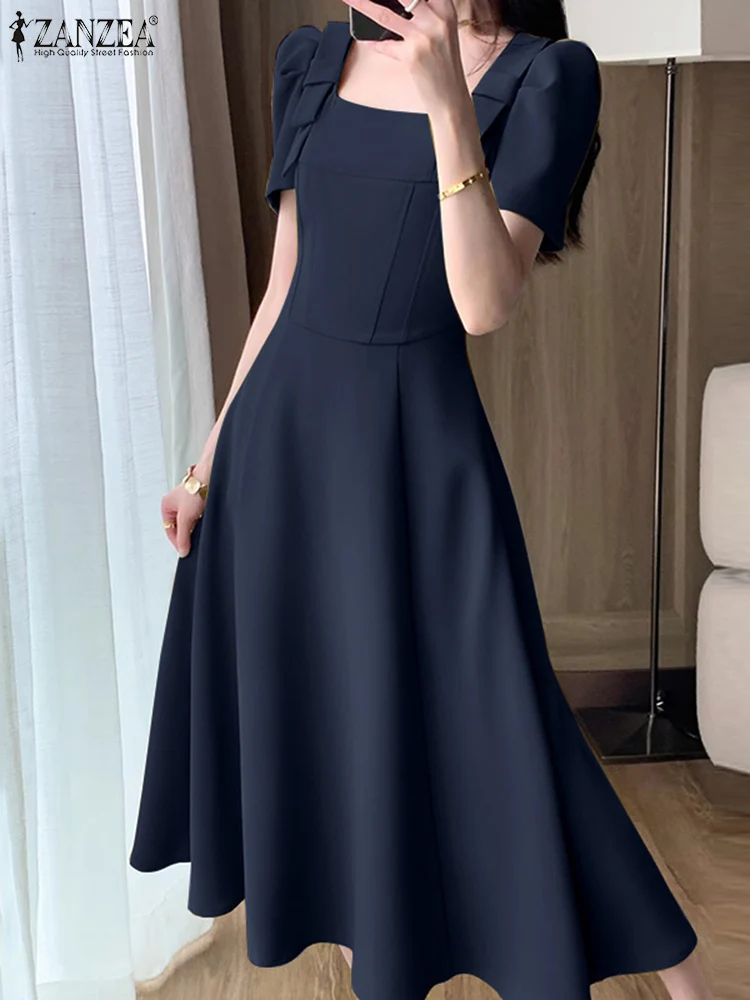 ZANZEA 2024 Summer Waisted Vestidos Women Elegant Long Dress Fashion Square Collar Bowknot Sundress Party Puff Sleeve Dresses