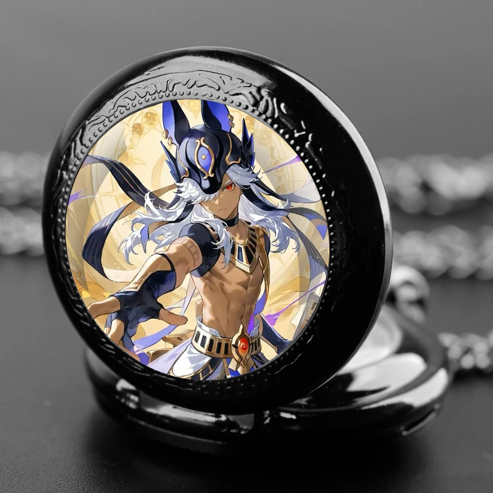 Video Game Character Glass Dome Quartz Pocket Watch Equipped with Long-Lasting Chain Arabic Numeral Display Great Halloween Gift