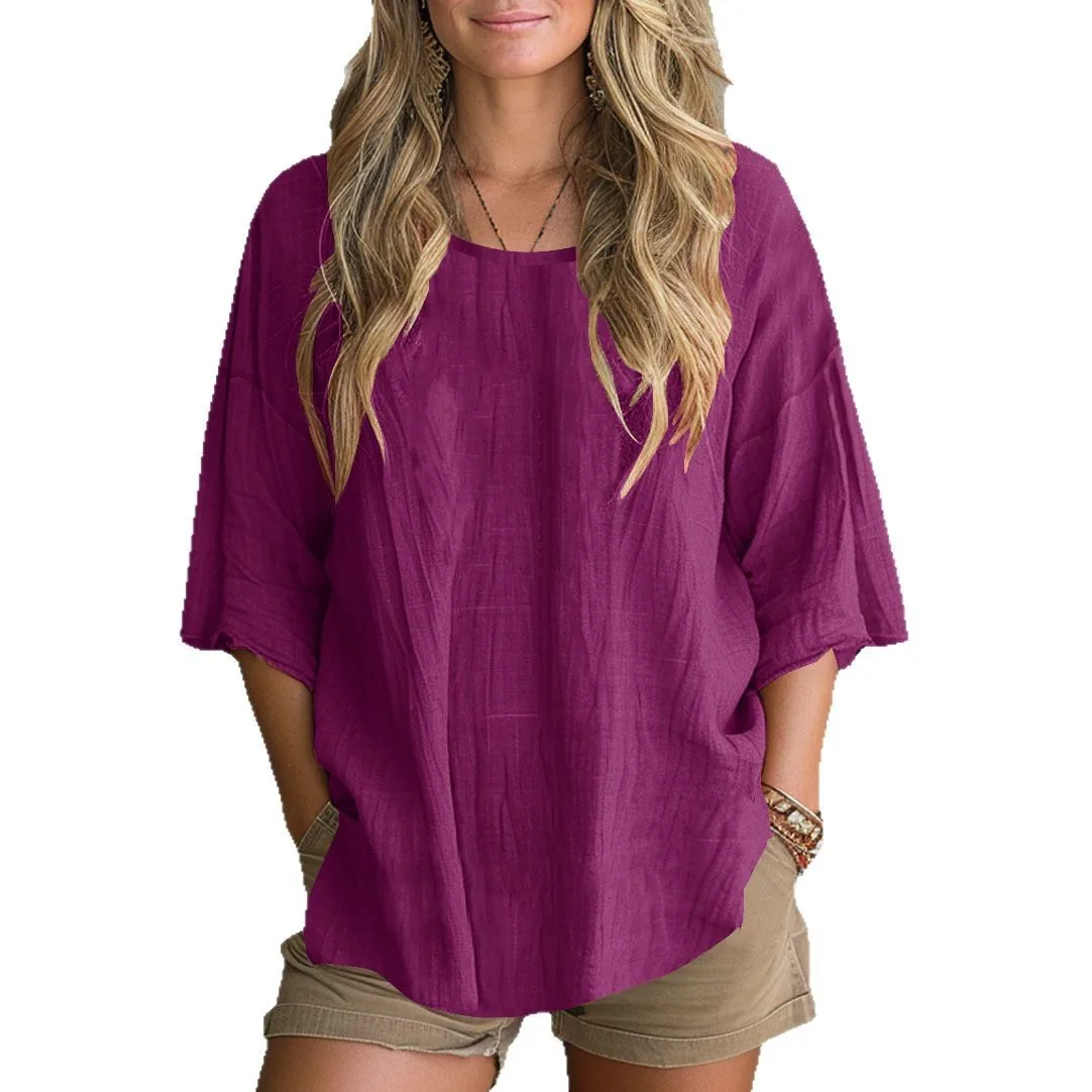 Camisa holgada de verano para mujer, Jersey sencillo de algodón y lino con cuello redondo, camiseta básica de Color sólido a la moda con manga de 7 puntos