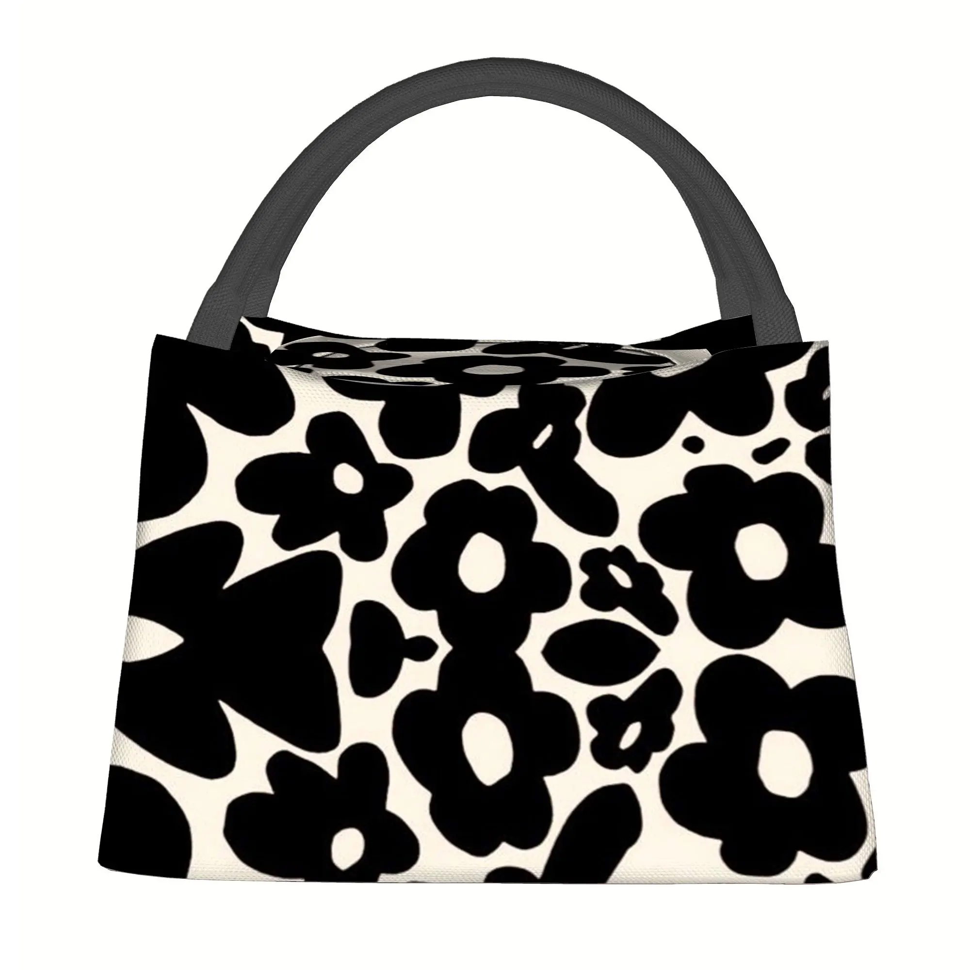 Black White Abstract Floral Print Lunch Bag Minimalist Modern Flower Pattern Insulated Tote Reusable Cooler Bag for Work School