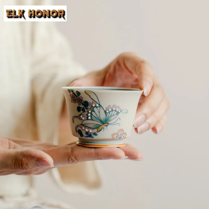 

90ml Hand-painted Colorful Butterfly Teacup Elegant Tea Bowl Sample Tea Cup Tea-tasting Fragrance Cup Chazhan Master Cups Teaset