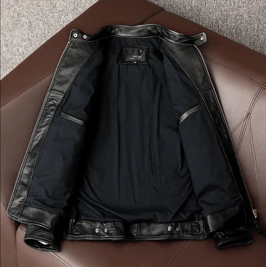 Black Moto Biker Coat Slim Spring Autumn Asian Size Men's Clothing Genuine Cow Leather Jacket Men Motorcycle Cowhide Clothes