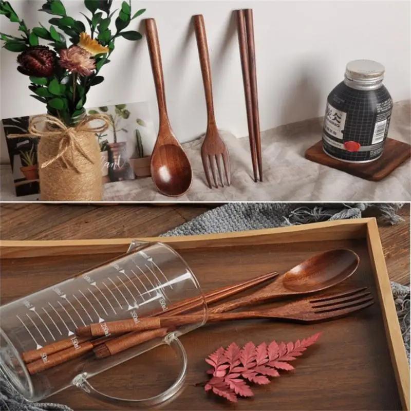 1~10PCS Korean Wooden Tableware Fork Spoon Chopsticks 3-piece Set Solid Wood Long Handle Spoon Chopsticks Portable Tableware