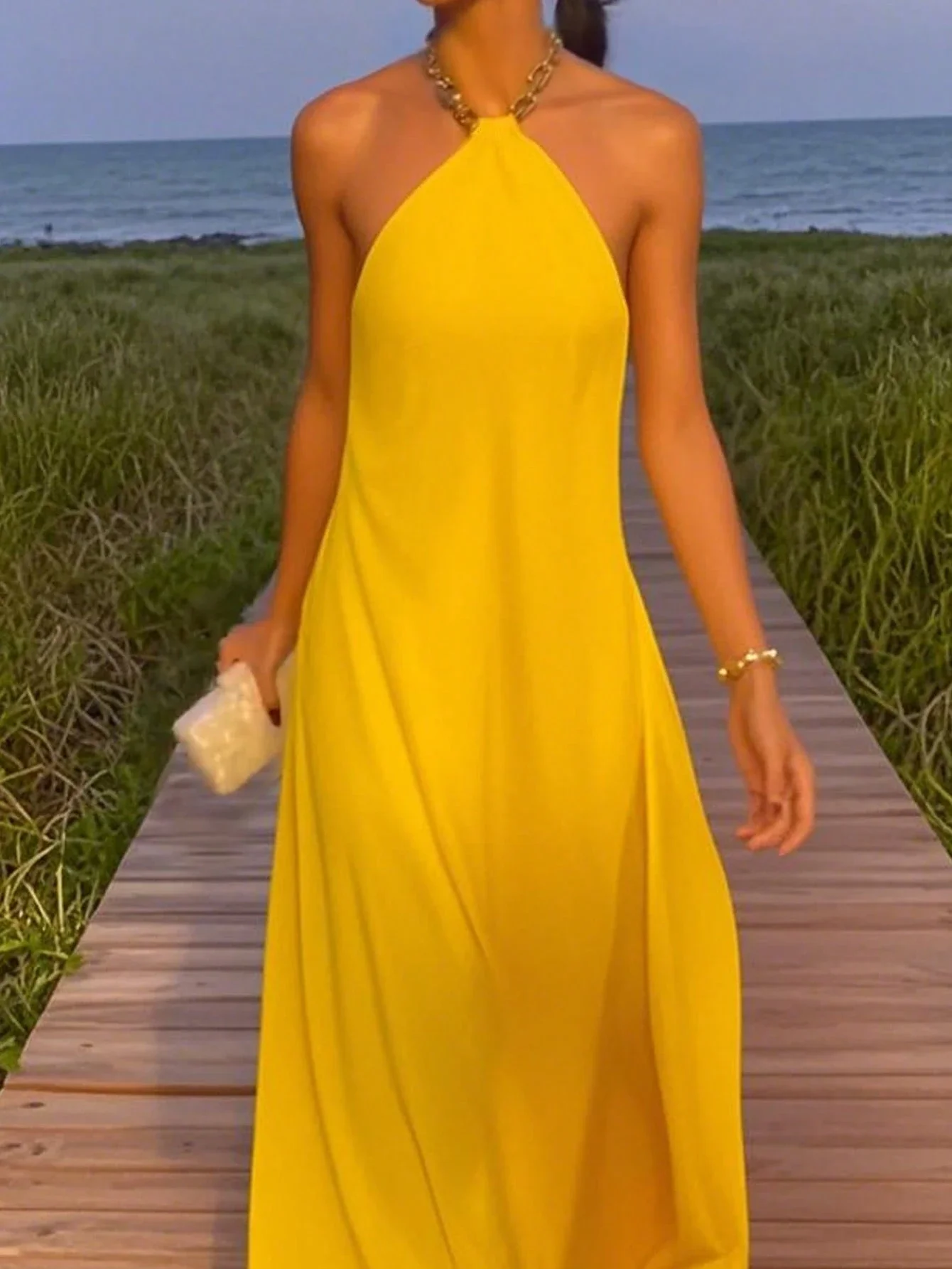 

Women's Elegant Sexy Backless Halter Sleeveless Yellow Maxi Dress