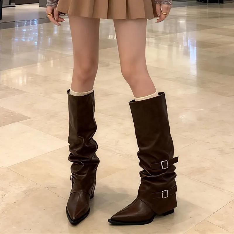 

High-Tube Knight Boots Women's Sharp Headed Pleated Sexy Girl Long Boots Buckle Ultra-Thin Fiber Winter Boots