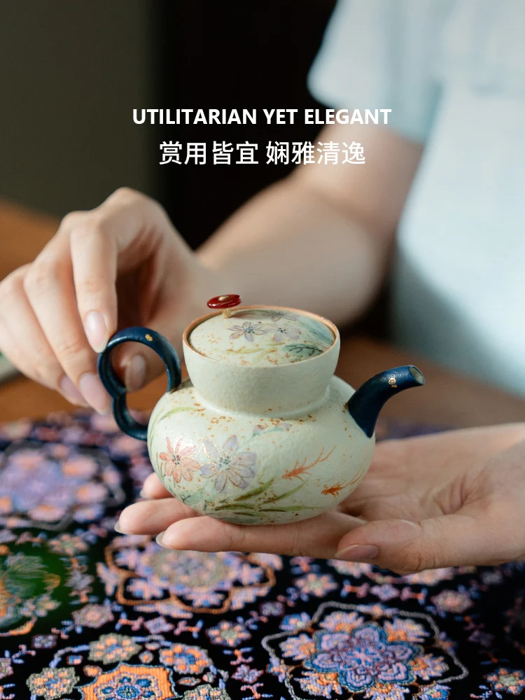

Little Teapot Flint Pure Hand Drawing Red Flowers Brocade Bunch Ceramic Household Chinese Tea Set Making Device Single
