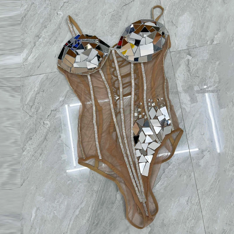 Vêtements de ixpour Bar, Discothèque, Dj, Ds, Pole Dance, Couleur Argent, Miroirs, Batterie, Costume en Tricot, Performance sur Scène, Tenue de Festival, XS8986