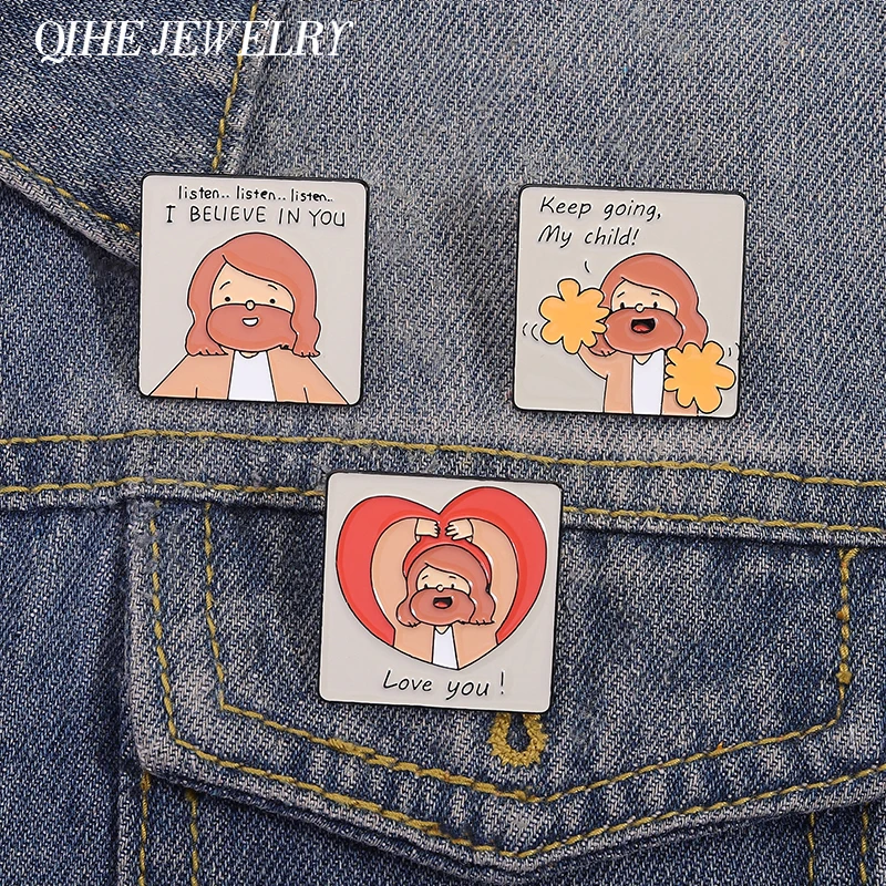 Alfileres esmaltados de dibujos animados de Jesús te amo, para mantener a mi hijo, escucha, creo en ti, insignia de solapa, regalos de joyería para creyentes
