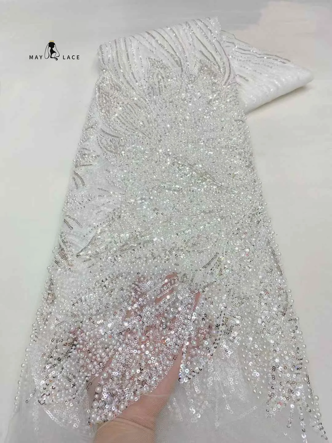 

White African Sequins Lace Fabric Beads 2025 High Quality French Heavy Beaded Tulle Lace Fabric Nigeria For Bridal Party Dress