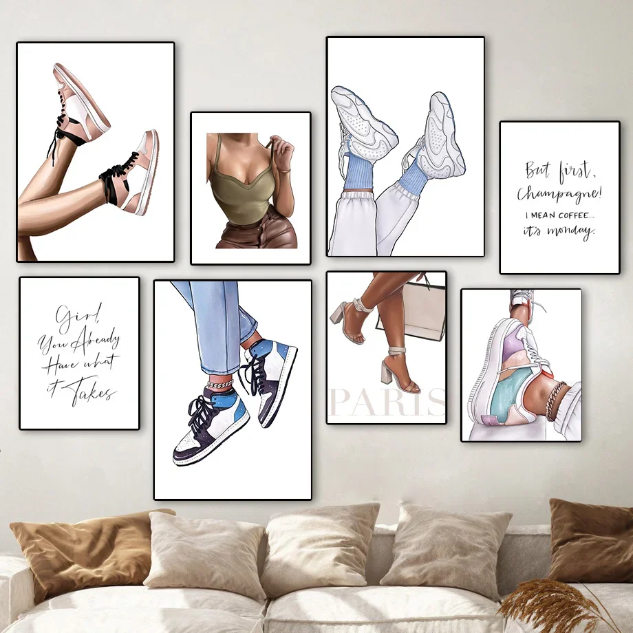 Moda París chica tacones altos zapatos lienzo pared arte nórdico sala de estar tienda decoración cartel impresión moderna imagen decorativa abstracta
