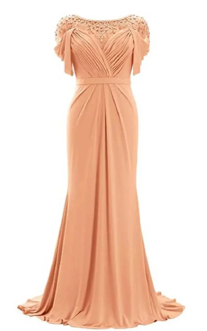 YNQNFS floor length round neck wine red bride mother dress beaded short sleeve knitted formal evening dress wedding guest dress