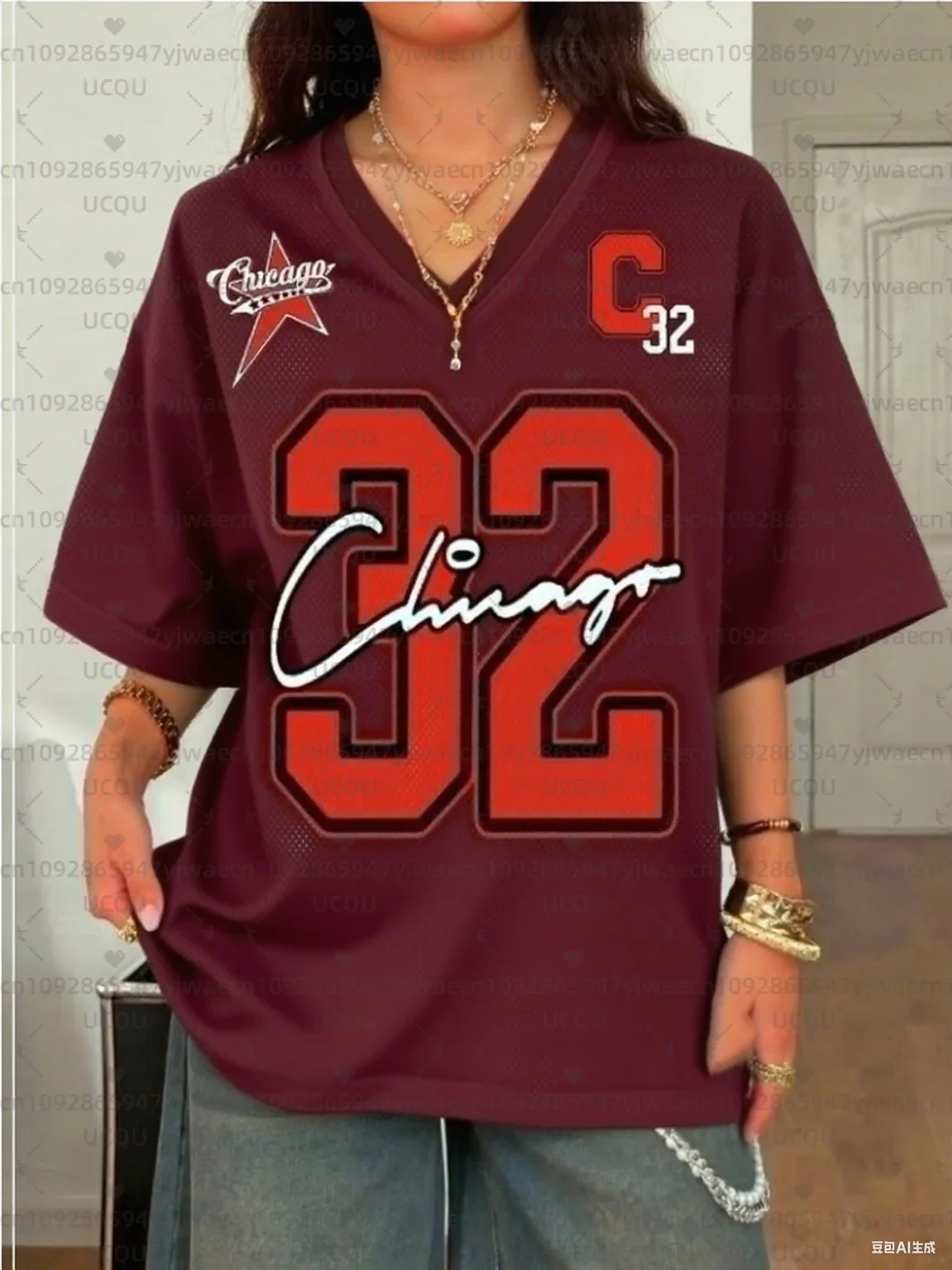 Women's V-Neck Sporty Jersey Y2K Fashion Casual T-Shirt Chicago 32 Summer Casual Wear Sports Loose and Comfortable T-shirt Tops