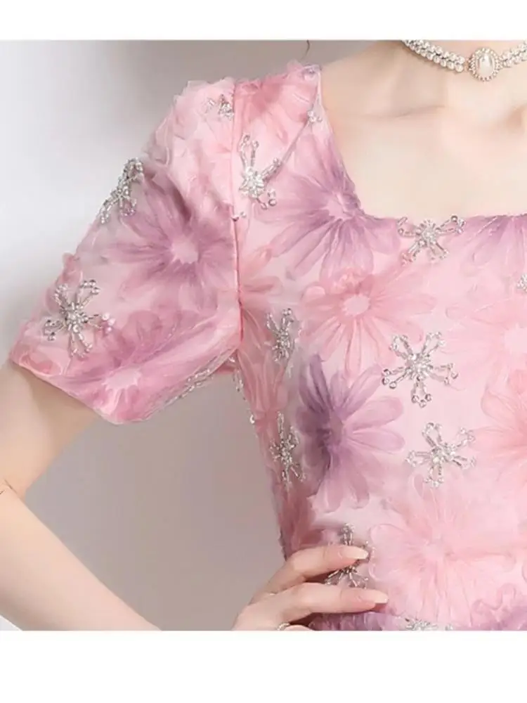 Women Floral Square Collar Wedding Evening Party Prom Midi Dress French Elegant Pearls Diamonds Flower Pink Bodycon Vestidos