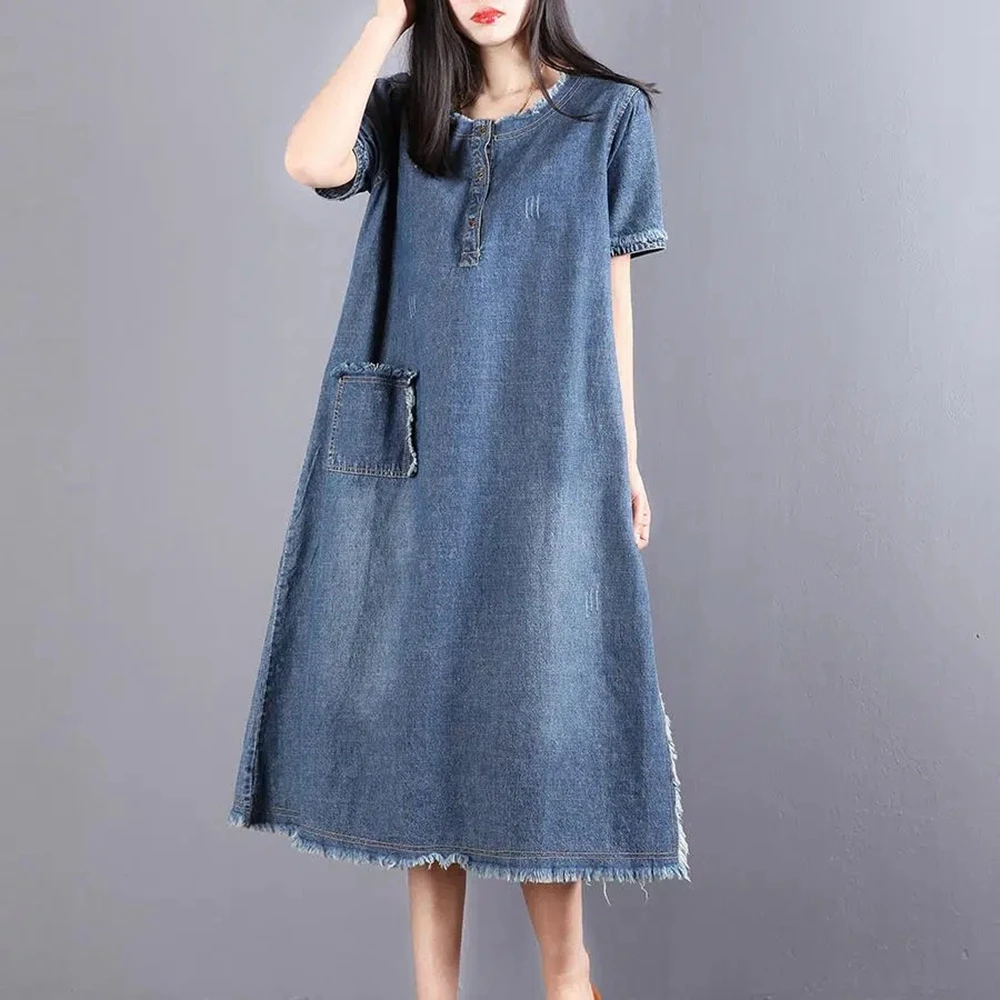 2023 Summer Women\'s Casual O Neck Short Sleeve Jean Dresses Female Pullover Denim Loose Mid Calf Dress