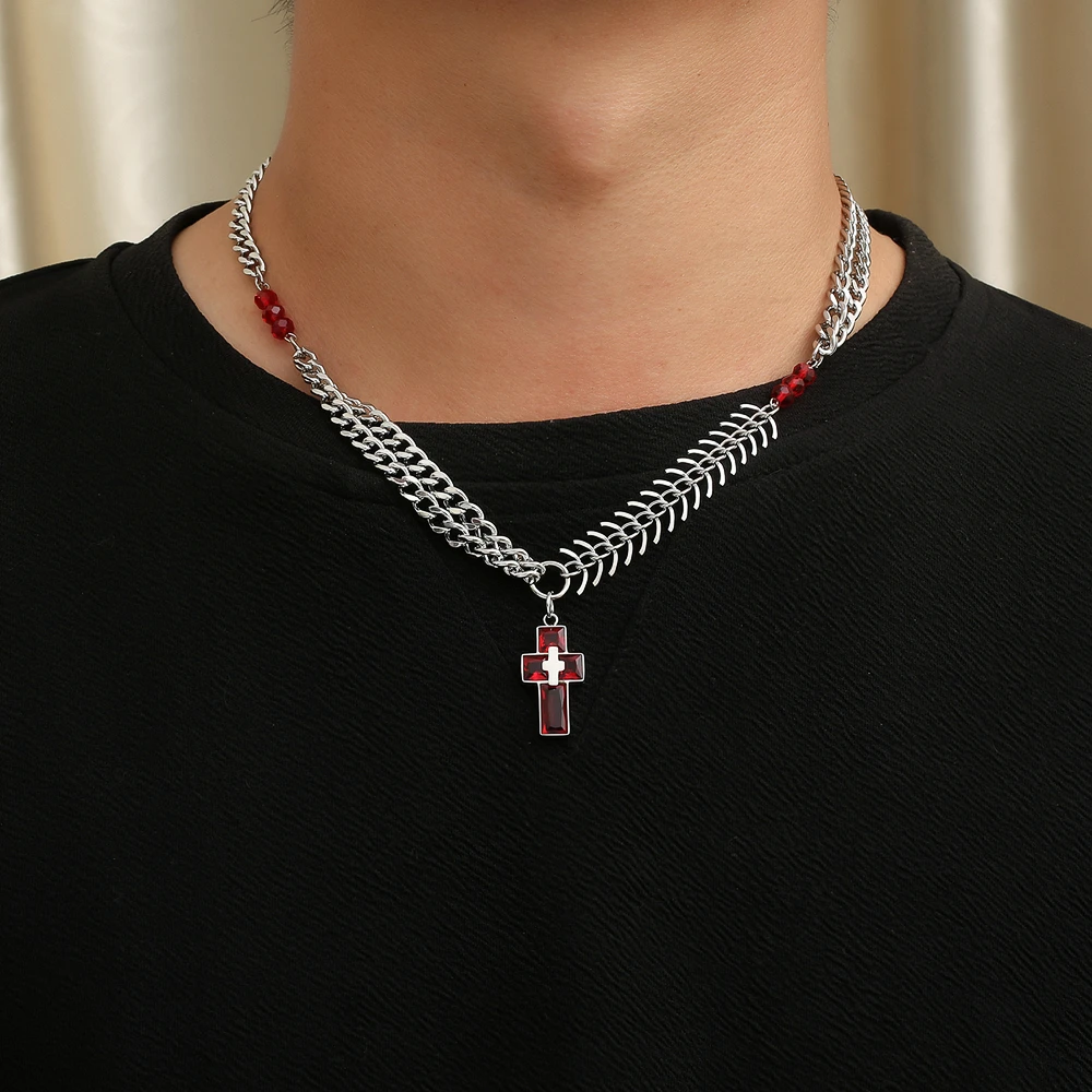 الفولاذ المقاوم للصدأ الصليب الأحمر سلسلة قلادة الهيب هوب الحد الأدنى موضة الاتجاه مجوهرات هدية له