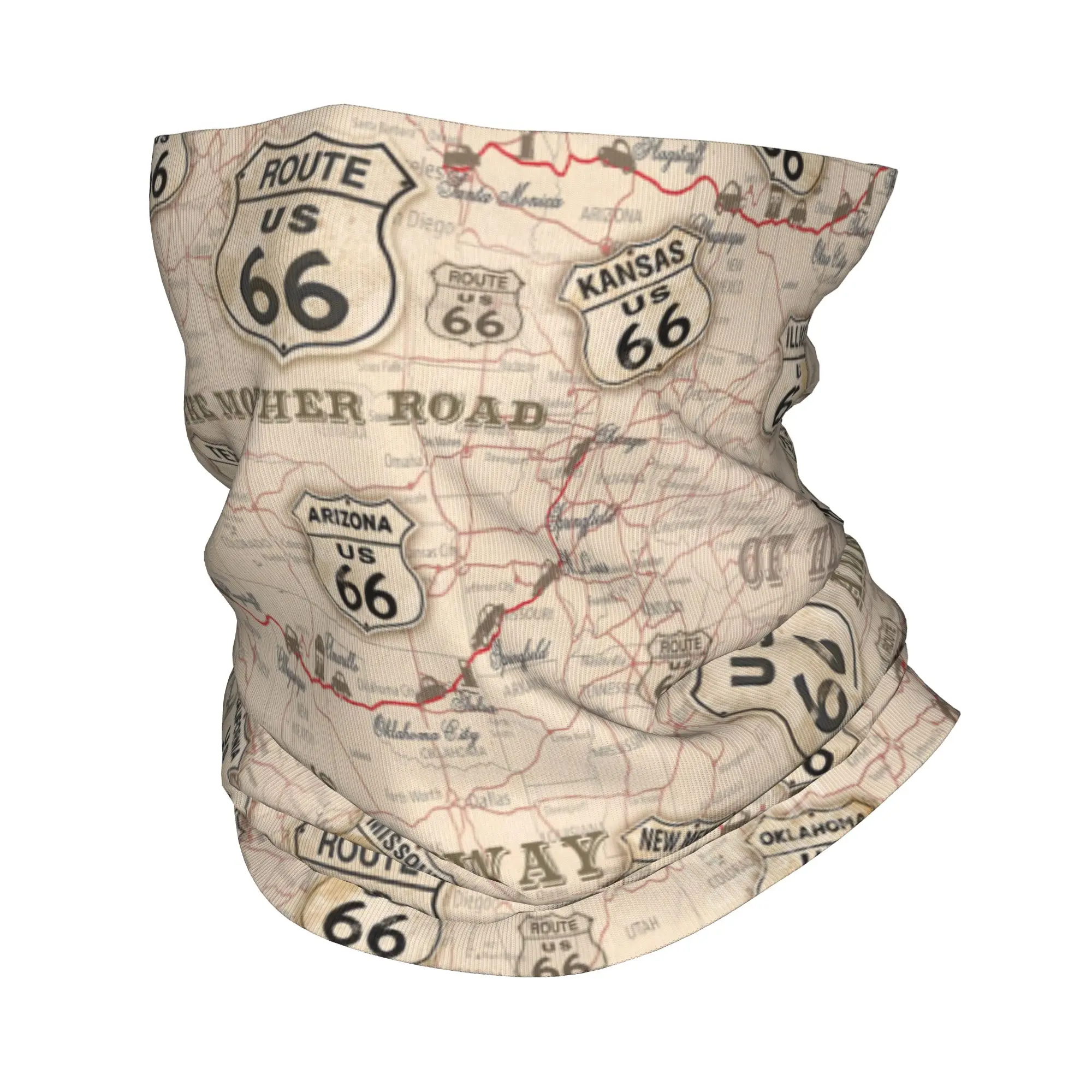 Polaina de cuello con patrón de Ruta 66 de mapa americano Vintage personalizada para hombres y mujeres protección UV invierno EE. UU. Highways Bandana bufanda para senderismo