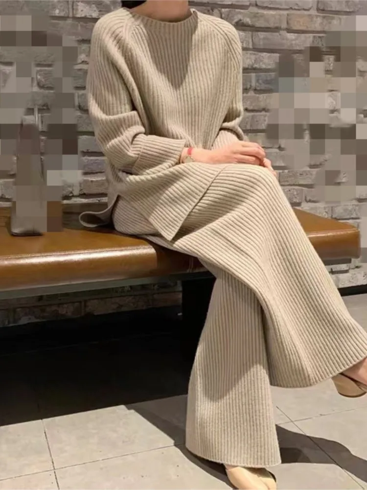 2024 Autumn Winter New Women\'s Fashion Fashionable Age Reducing Two Piece Pants Knitted Sweater Straight Leg Pants Set For Women