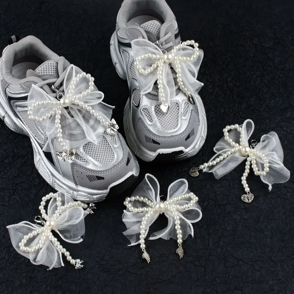 Schuhband-Charms für Sneaker, dekoratives Seidenband, Perlen-Schleife, Schuh-Accessoires, Metallanhänger, Schuhdekorationen, 2 Stück/4 Stück. – Detail 1