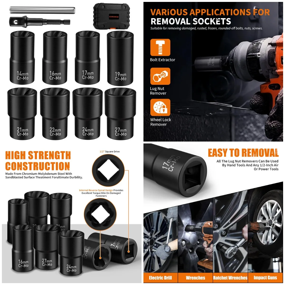 

Wheel Lock Removal Kit, 10-Piece Lug Nut Remover, 1/2' Impact Socket Set for Frozen, Rusted, or Damaged Bolts