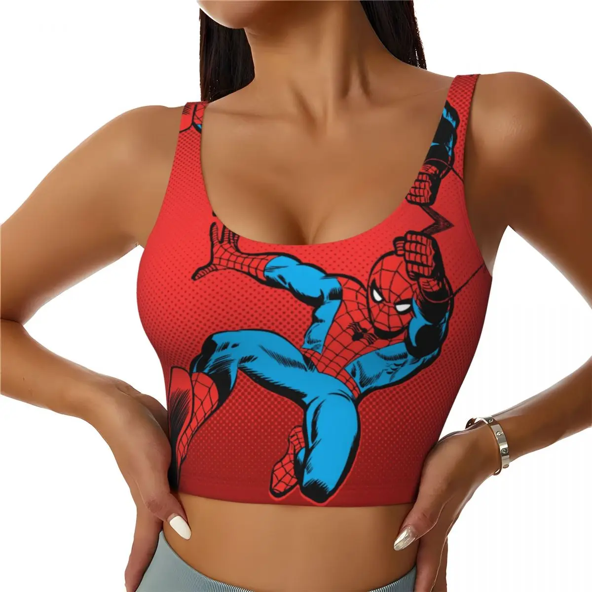 Custom Spider Man Retro Swinging Kick Workout Crop Tank Tops Women Running Sports Bras