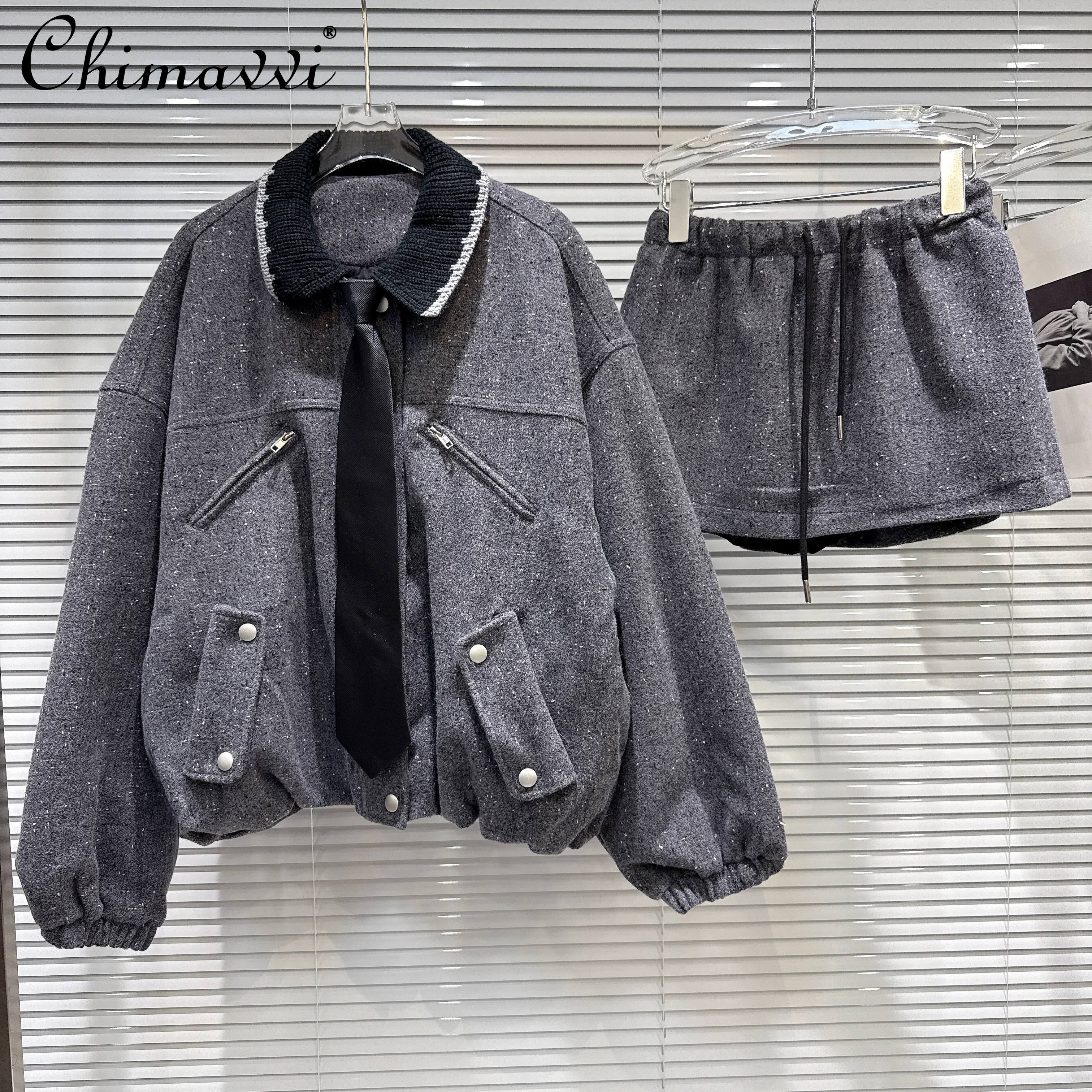 

French Fashion Socialite Casual Sets Knitted Collar Long Sleeve Short Jacket High Waist Short Skirts Two-Piece Set Women Autumn