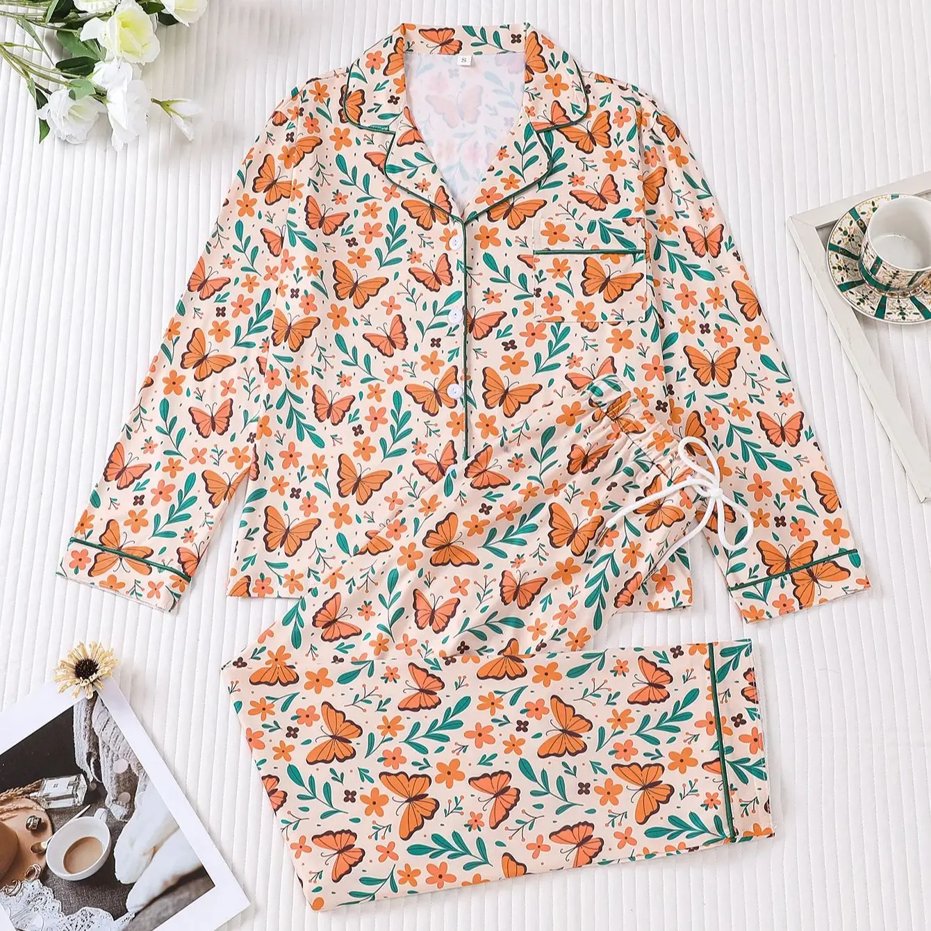

Новый пасторальный женский пижамный комплект с принтом бабочек и цветов, с отложным воротником, длинными рукавами и брюками, мягкая и удобная домашняя одежда для сна