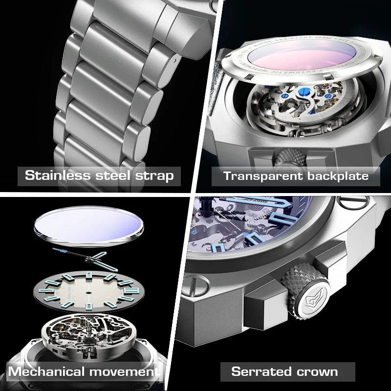 FeelNever Top Brand Luxury Mechanical Man Watch Stainless Steel Hollow Out 100M Waterproof Casual Sport Automatic Luminous Clock view 6