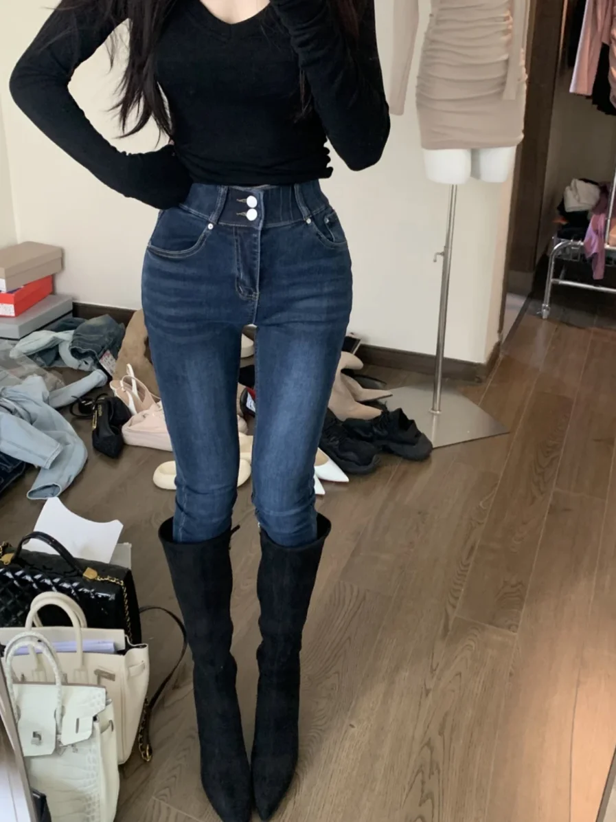 

High Waist Double Bule Elastic Slimming Long Leg Lengthening Pencil Skinny Nine Points Women's Jeans Cotton Stretch Denim