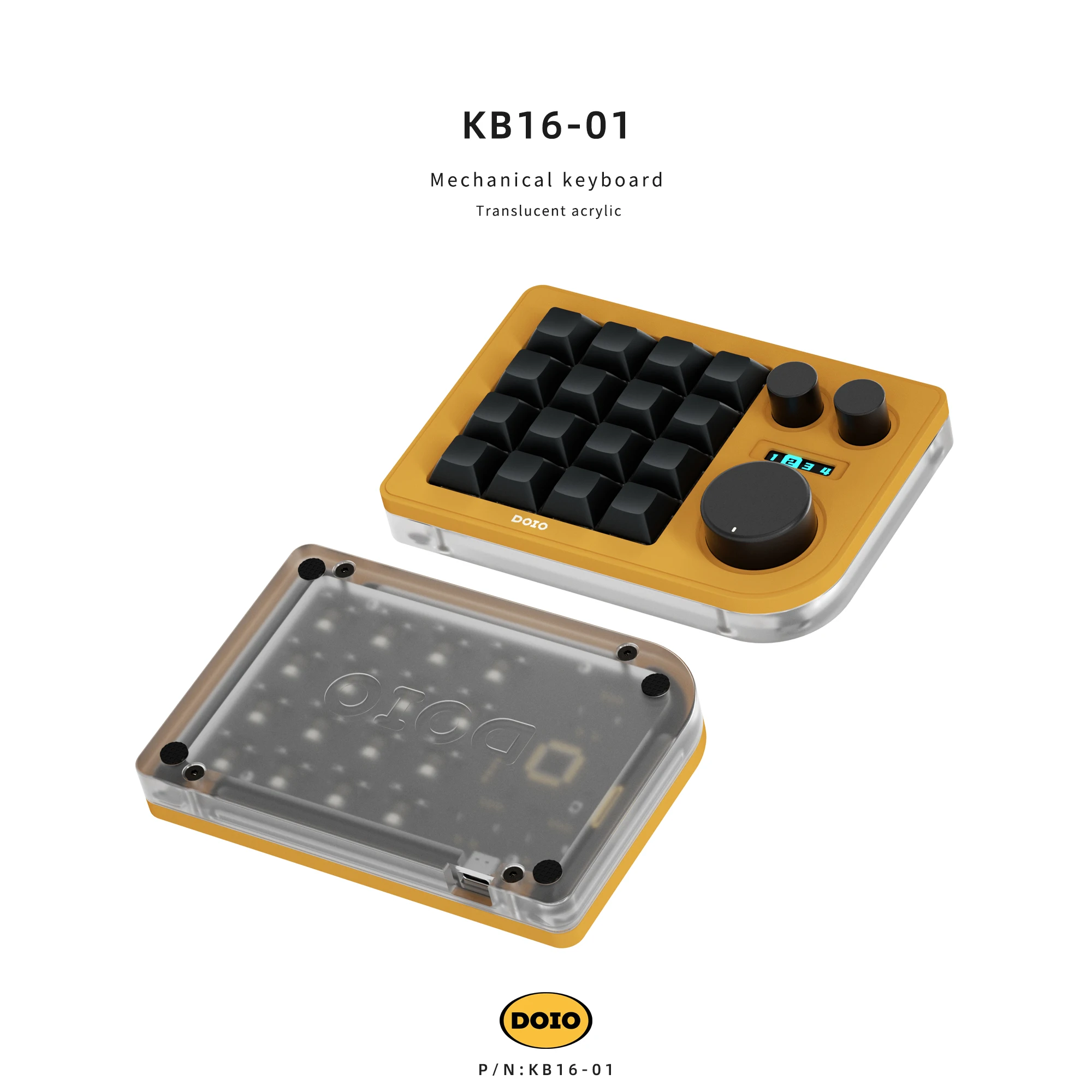 

DOIO KB16 16-key Mini Keys, Three Knobs, Mechanical Keyboard, Customizable, Digital Display Screen, XDA Keycap