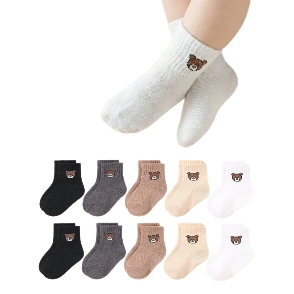 10 Pairs Cartoon Bears Mid-Calf Socks Soft Cotton Elastic Band Children Socks Solid Color Breathable Kids Short Socks Daily Use
