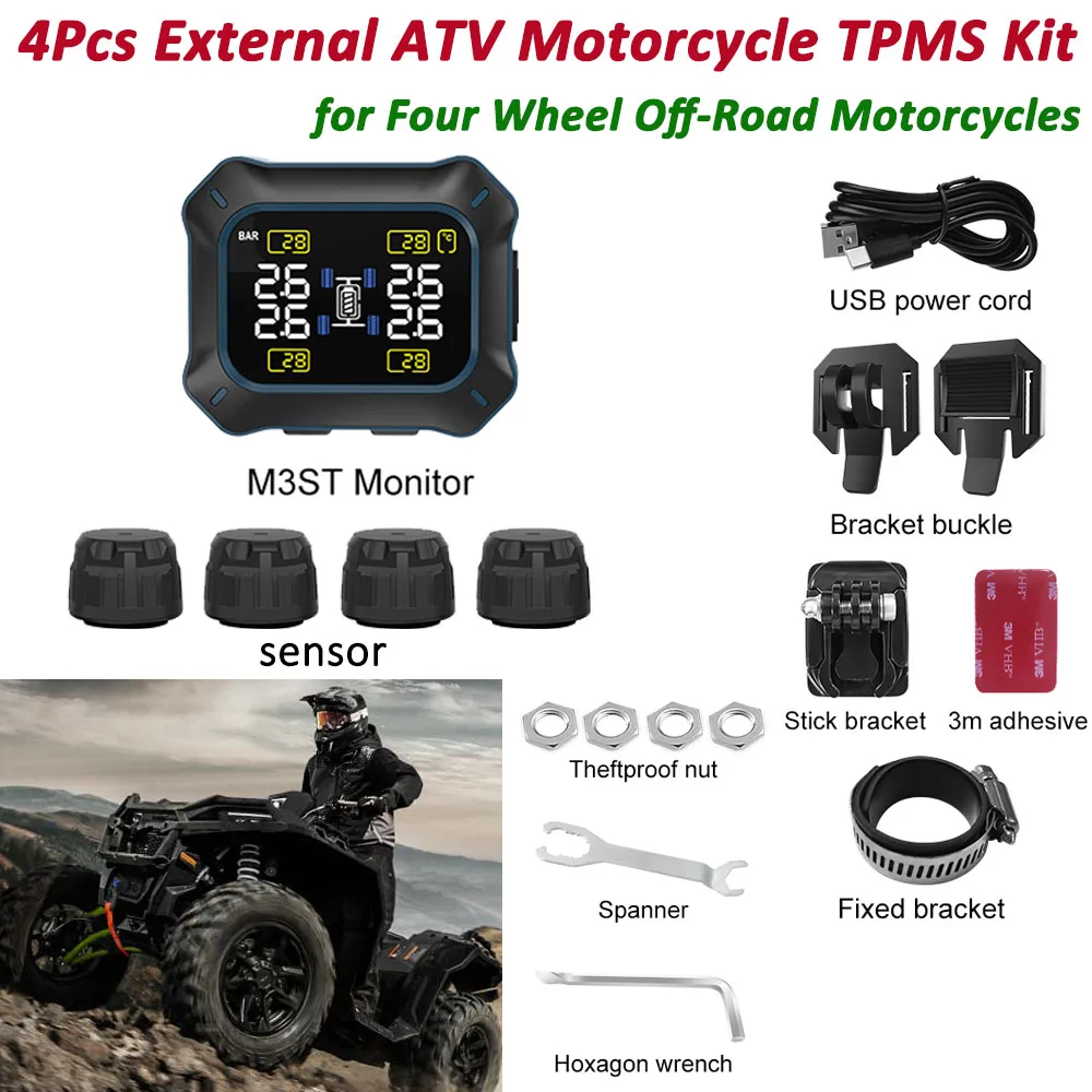 4 External TPMS Sensor ATV Tire Pressure Monitor System +Alarm System LCD Display for POLARIS HONDA  Suzuki 4-Wheeled Motorcycle