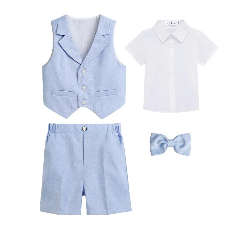 Boys Summer Soft Breathable Photography Suit Kids Cool Vest Shirt Shorts Bowtie Ceremony Costume Boys Silm Fit Wedding Dress