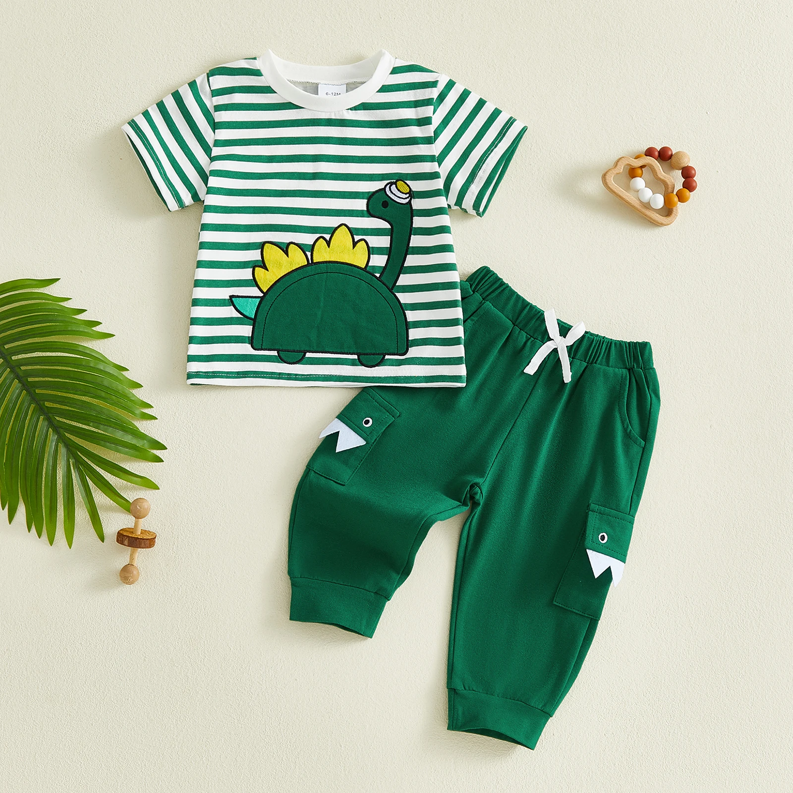 0-4Y Cute Toddler Baby Boy Summer Outfit Dinosaur Striped Crew Neck Short Sleeve T shirt Tops Pants 2 Pcs Boys Set