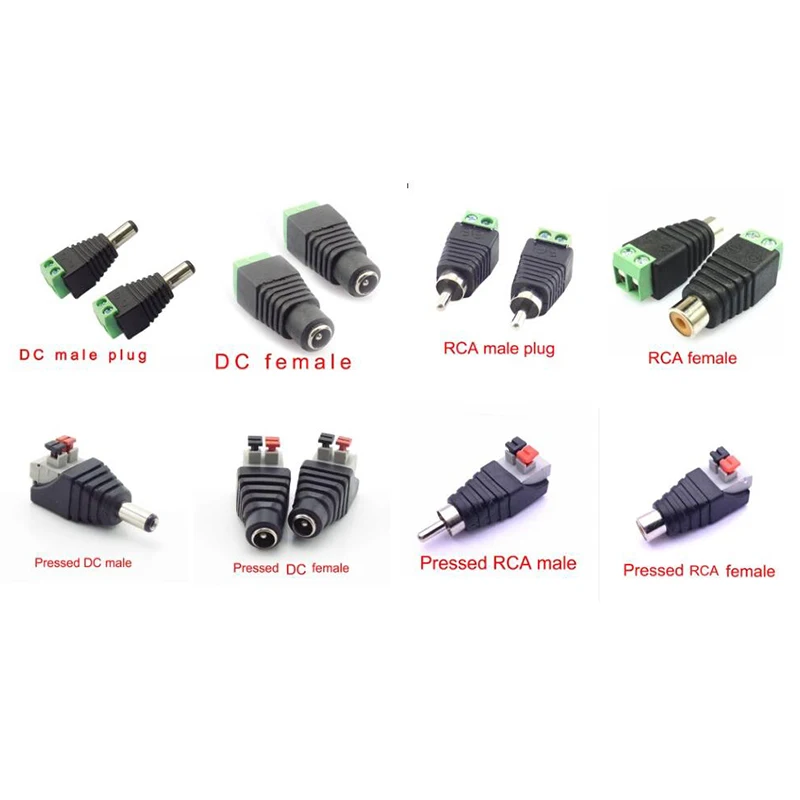 Conector de alimentación macho hembra DC RCA, conector de cable adaptador de audio de 5,5mm y 2,1mm para tira de luces LED RGB, cámara CCTV, 5 uds.