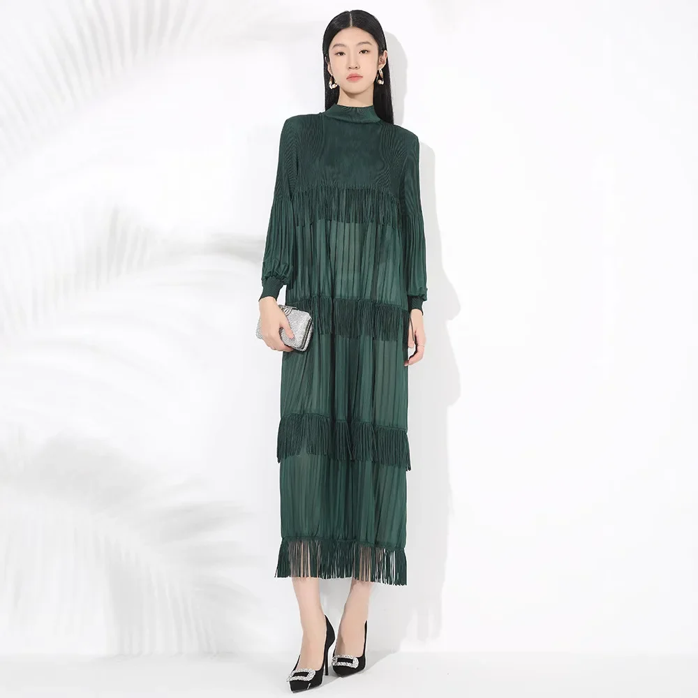 Miyake Folds 2025 Spring New Heavy Industry Loose Fringed Dress Women's High-end Temperament Fashion Splicing Versatile Dresses